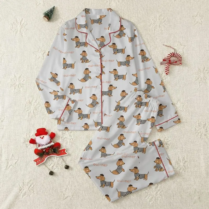 Women's Whimsical Light Grey Dachshund Beret Striped Shirt 'Oui-ner' Cartoon Pattern Satin Pajamas Set - 1
