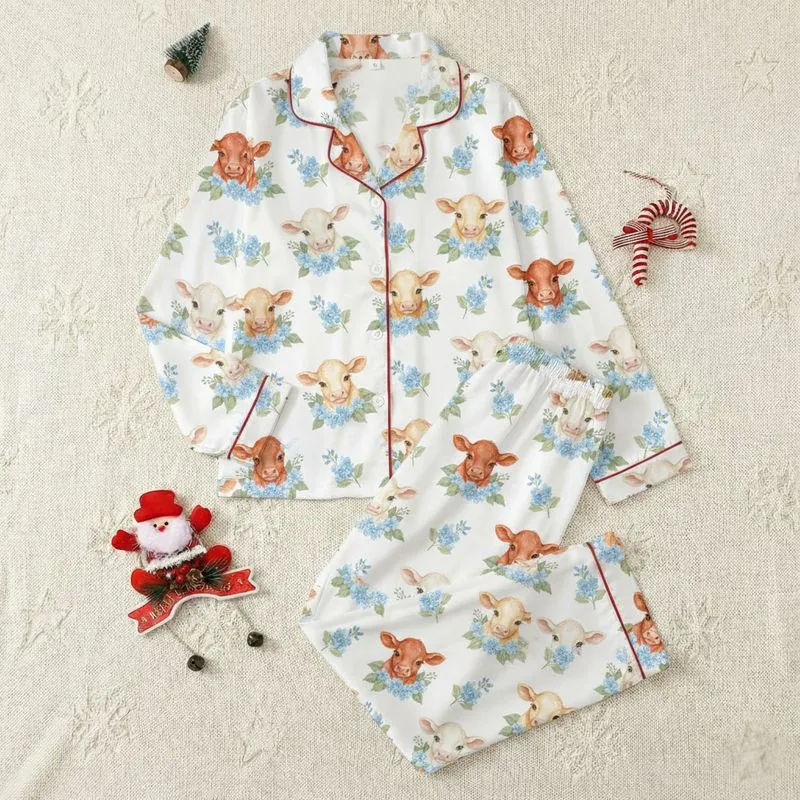 Women's Painterly Baby Calf & Pastel Blue Floral Watercolor Seamless Pattern on White Satin Pajamas Set - 1