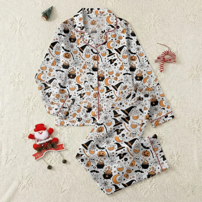 Women's Whimsical Black Orange Illustrative Halloween Pattern with Witch Hats, Bats, Jack-o'-Lanterns on White Satin Pajamas Set - 1
