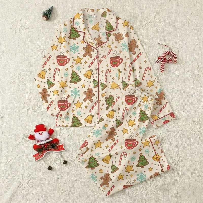 Holiday Enthusiasts' Festive Whimsical Gingerbread Cookie Candy Cane Hot Cocoa Golden Star Pattern on Cream Satin Pajamas Set - 1