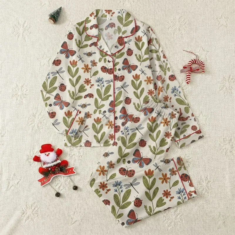 Women's Whimsical Meadow Insect & Botanical Print with Red Ladybugs, Blue Butterflies, Olive Green Foliage Satin Pajamas Set - 1