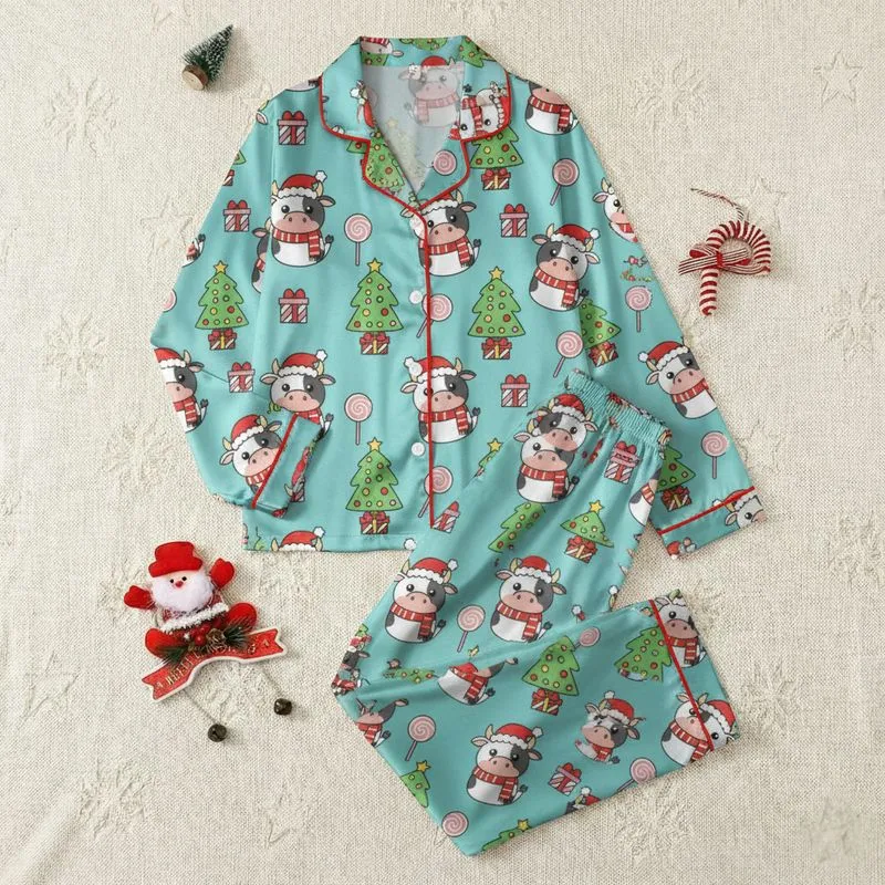Women's Whimsical Aqua Blue Baby Cow Santa Hat & Christmas Tree Lollipop Pattern Satin Pajamas Set - 1