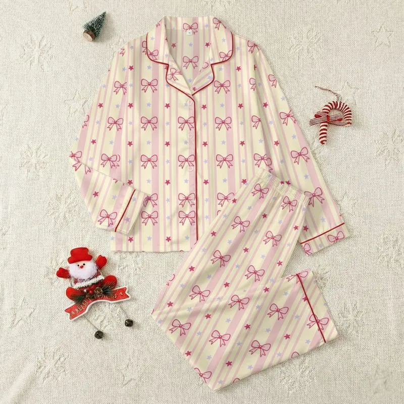 Women's Creamy Yellow Pastel Pink Vertical Stripe Fuchsia Lavender Sweet Bow & Star Pattern Satin Pajamas Set - 1