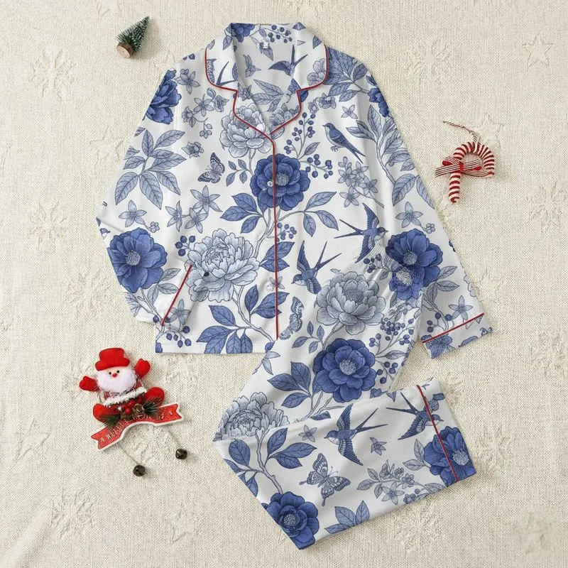 Women's Vintage Etching Cobalt Blue Toile Peony Camellia Swallow Pattern Satin Pajamas Set - 1
