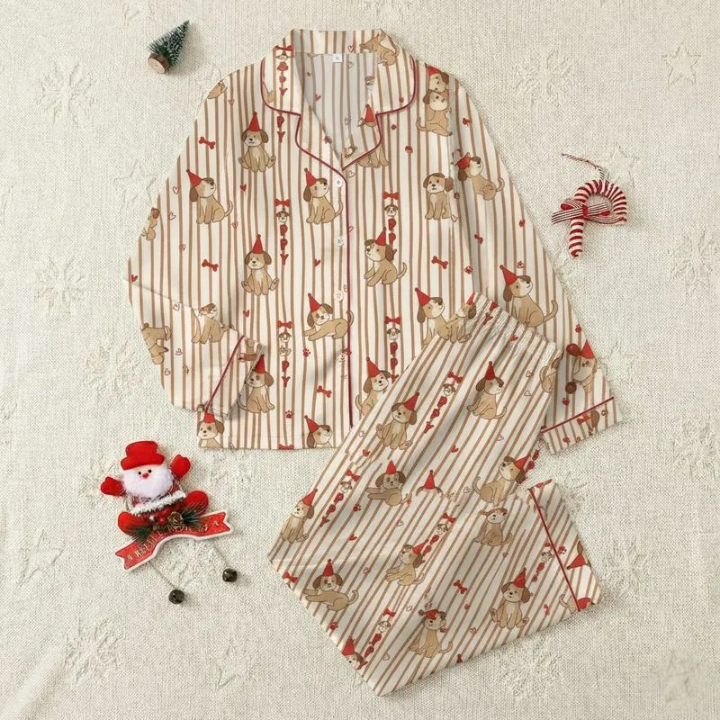 Women's Whimsical Cream & Rustic Brown Striped Puppy Pattern with Red Hats, Hearts & Paw Prints Satin Pajamas Set - 1