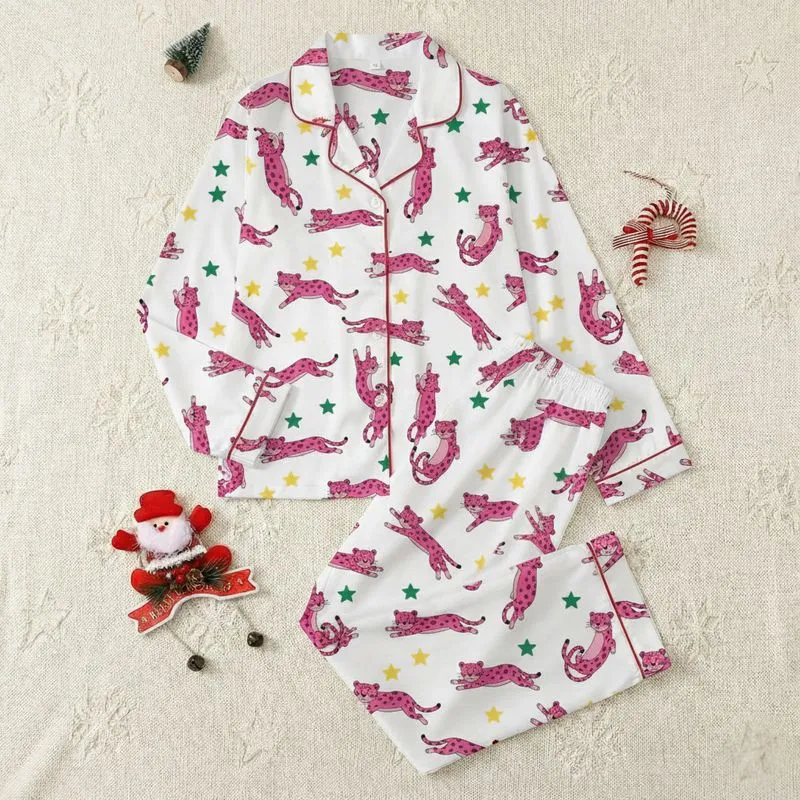Women's Whimsical Hot Pink Fuchsia Cartoon Leopard Star Yellow Emerald Green White Vector Pattern Satin Pajamas Set - 1