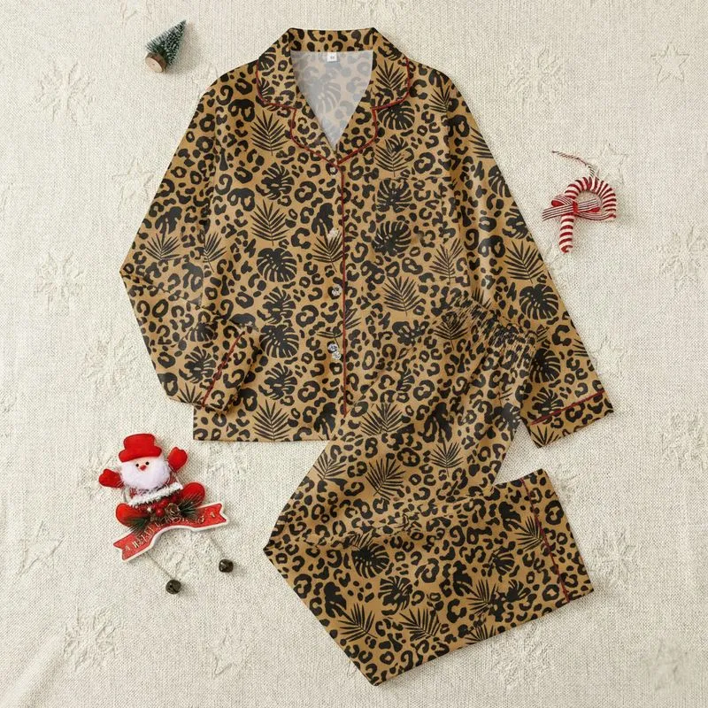 Men's Classic Golden Tan Leopard Spot & Dark Tropical Monstera Palm Leaf Pattern Satin Pajamas Set - 1