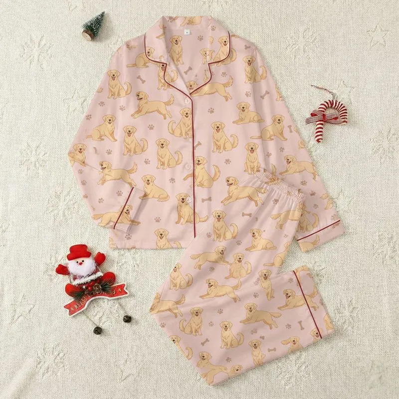 Golden Retriever Lovers' Pastel Pink Playful Golden Retriever Paw Print Bone Pattern Satin Pajamas Set - 1