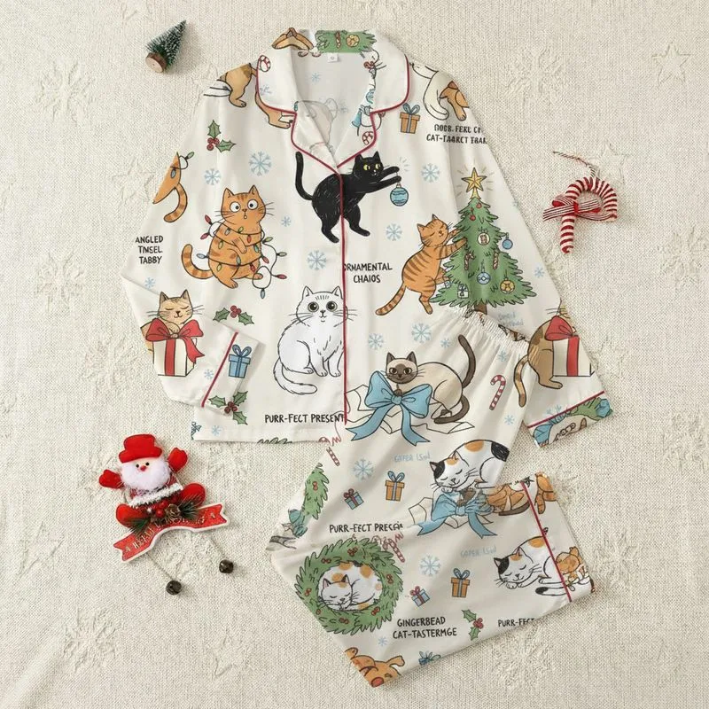 Women's Whimsical Christmas Cat Cream Pattern Red Green Blue Accents Festive Holiday Sketch Design Satin Pajamas Set - 1