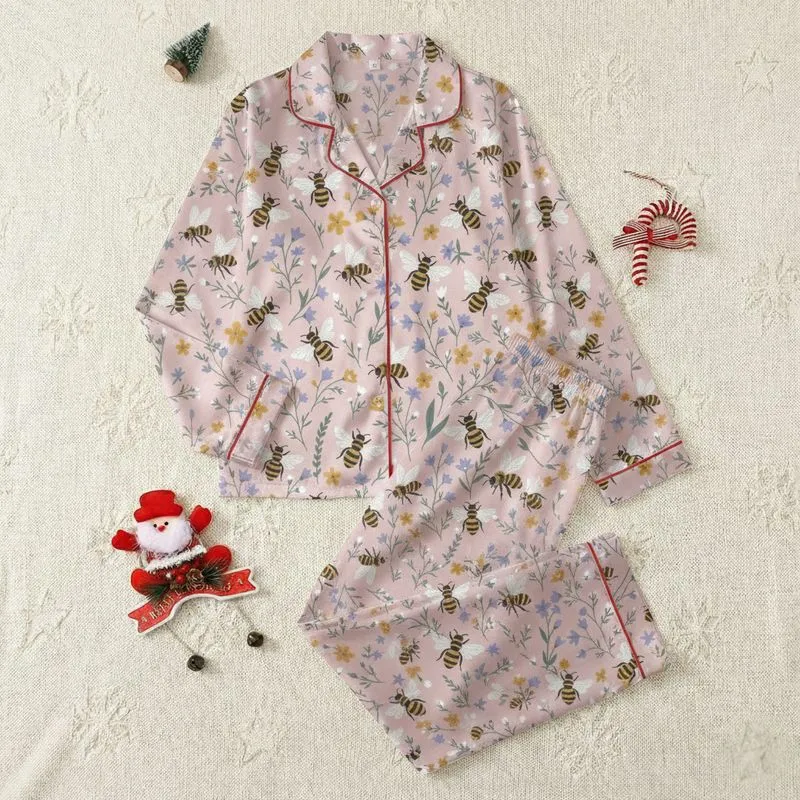 Women's Illustrative Pastel Pink Honey Bee Golden Yellow Wildflower Teal Green Meadow Pattern Satin Pajamas Set - 1
