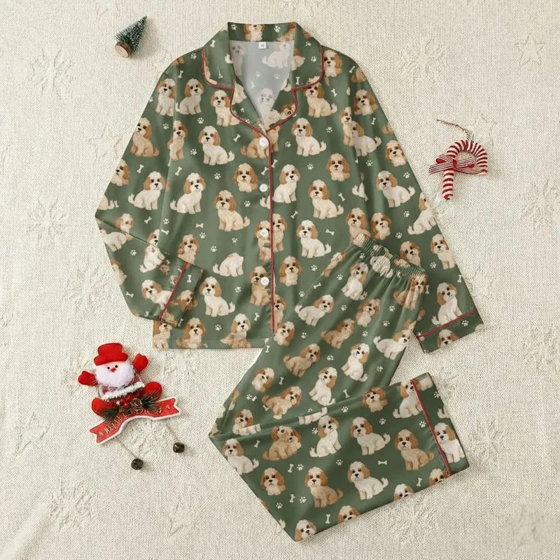 Women's Whimsical Cavapoo Dog Illustration Pattern, Deep Olive Green, Creamy Tan, Warm Brown Hues Satin Pajamas Set - 1
