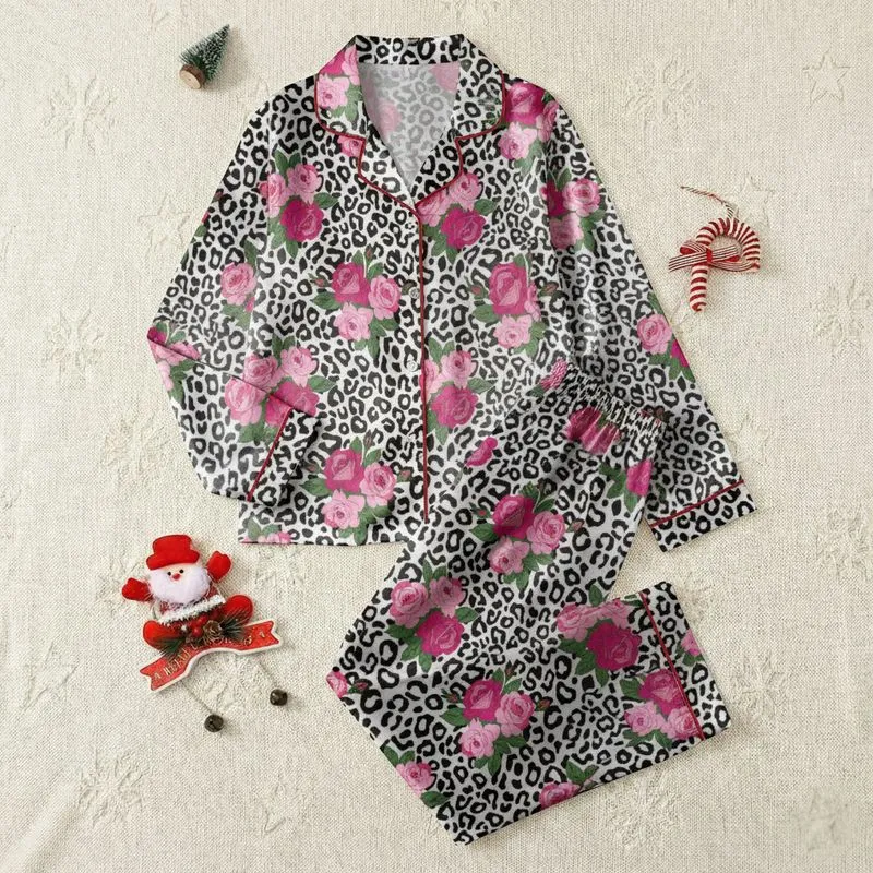 Women's White Black Leopard Print with Vibrant Pink Rose Cluster Art Satin Pajamas Set - 1