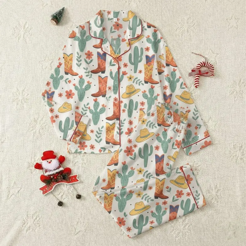 Women's Folksy Western Teal Cacti Terracotta Boots & Coral Blossom Pattern Satin Pajamas Set - 1