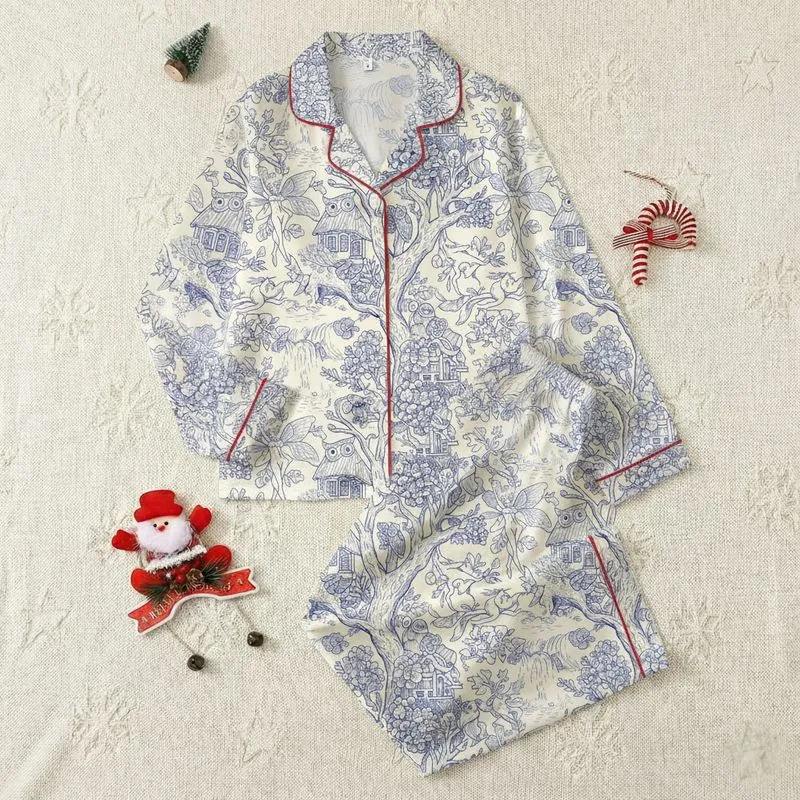 Women's Toile de Jouy Enchanted Woodland Fae Folk & Gnomes Pattern in Muted Blue & Cream Satin Pajamas Set - 1