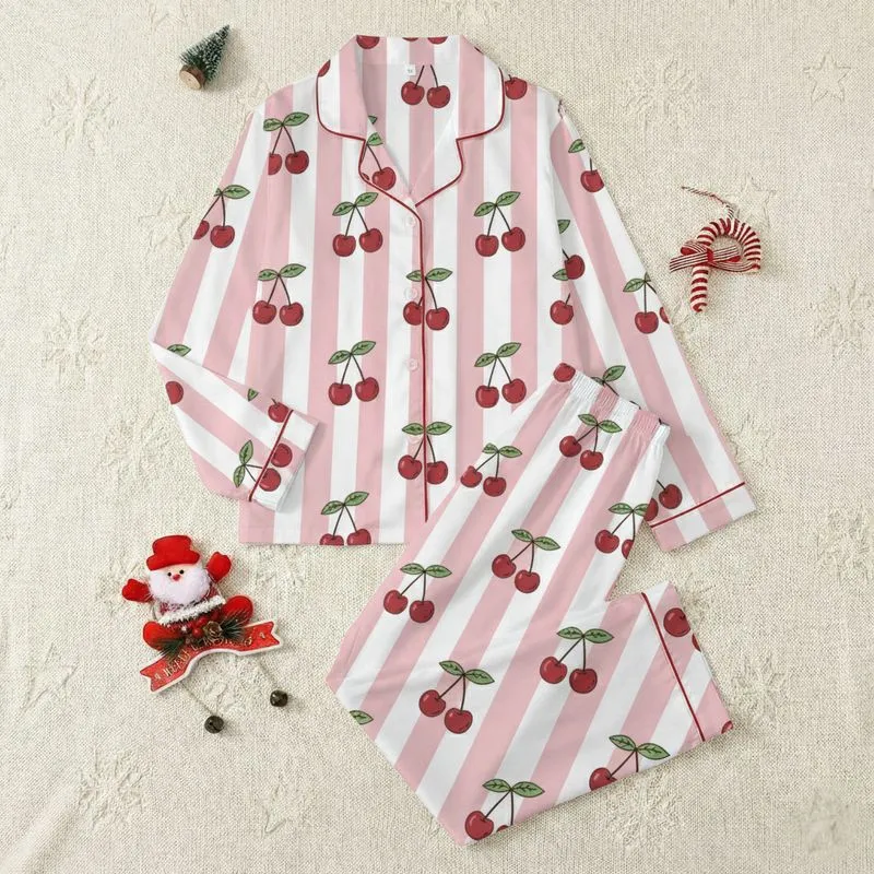 Women's Romantic Pink White Striped Deep Red Cherry Cluster Art Satin Pajamas Set - 1