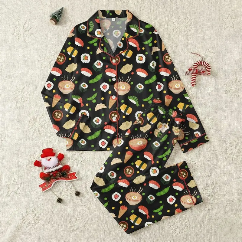 Women's Colorful Japanese Cuisine Art Pattern: Sushi, Ramen, Gyoza, Edamame on Black Satin Pajamas Set - 1