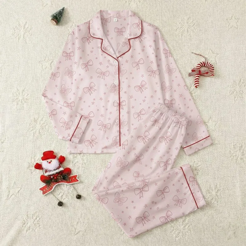 Women's Soft Pale Pink Hand-Drawn Dusty Rose Bows Butterfly Stars Minimalist Pattern Satin Pajamas Set - 1