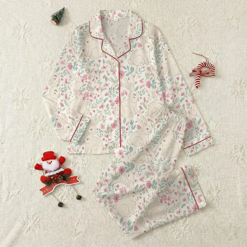 Women's Whimsical Hand-Drawn Bunnies, Blush Wildflowers, & Teal Sprigs Pattern on Creamy Off-White Satin Pajamas Set - 1