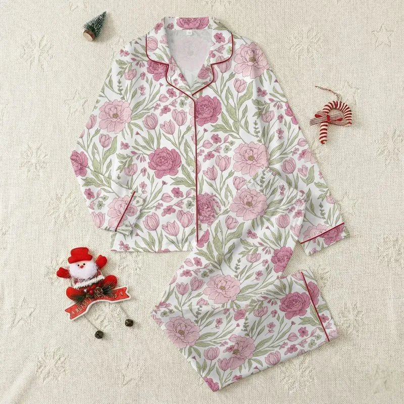 Women's Vintage Botanical Blush Rose Peony Floral with Sage Green Leaves & Burgundy Outlines Satin Pajamas Set - 1