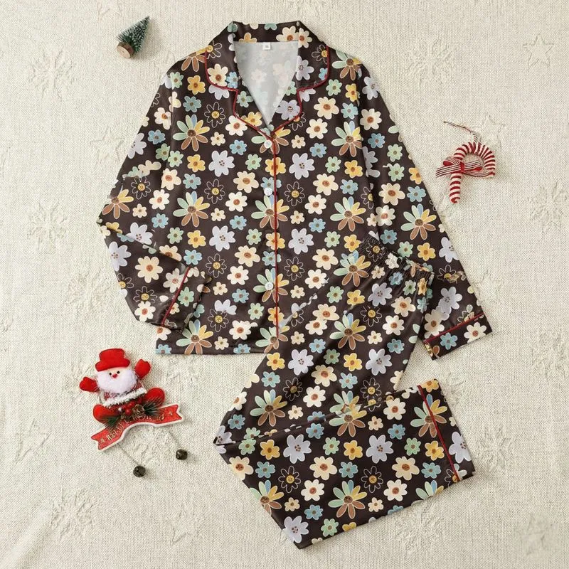Women's Whimsical Illustrative Floral Scatter Pattern in Cream, Beige, Soft Blues, Mint, Lavender on Deep Brown Satin Pajamas Set - 1