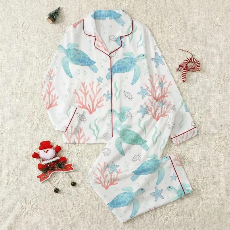 Women's Whimsical Aqua Teal Watercolor Sea Turtle Coral Pink Reef Pattern Satin Pajamas Set - 1