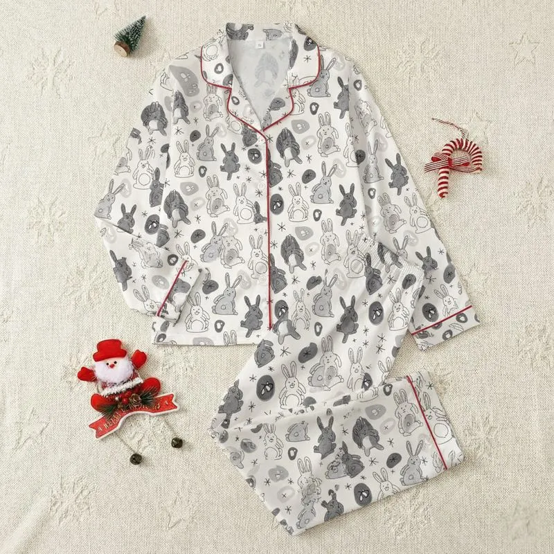 Men's Whimsical Charcoal Grey Hand-Drawn Bunny Abstract Doodle Cream Pattern Satin Pajamas Set - 1
