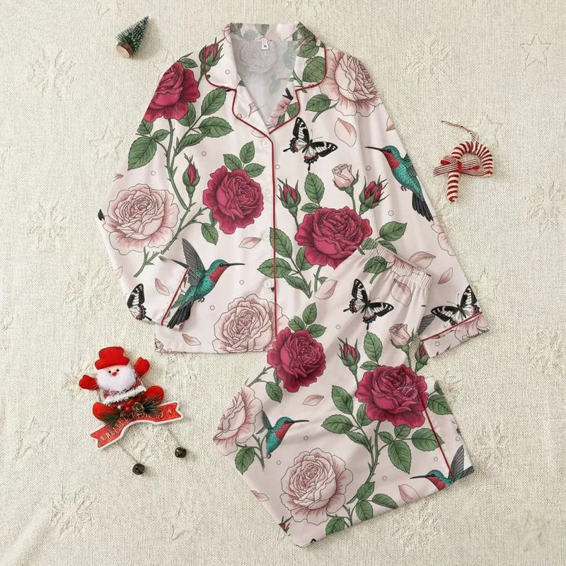 Women's Vintage Botanical Rose, Hummingbird, & Butterfly Pattern with Fuchsia, Teal & Emerald Greens on Blush Cream Satin Pajamas Set - 1