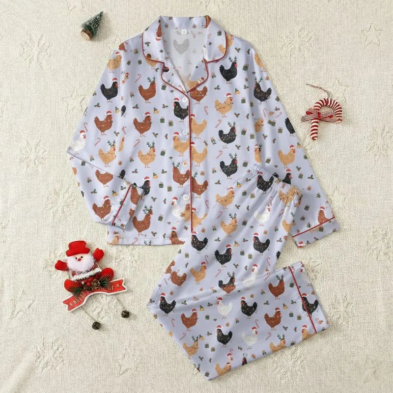Women's Whimsical Lavender Christmas Chicken Santa Hat Holly Candy Cane Illustrative Pattern Satin Pajamas Set - 1