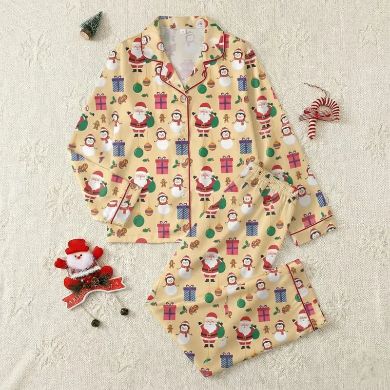 Women's Whimsical Festive Santa Snowman Penguin Gingerbread Repeat Beige Red Royal Blue Satin Pajamas Set - 1