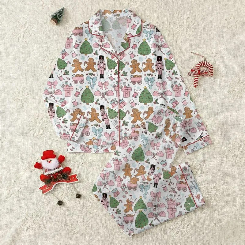 Women's Festive Pink Nutcracker Gingerbread Tree Holly Sky Blue Snowflake Pattern Satin Pajamas Set - 1