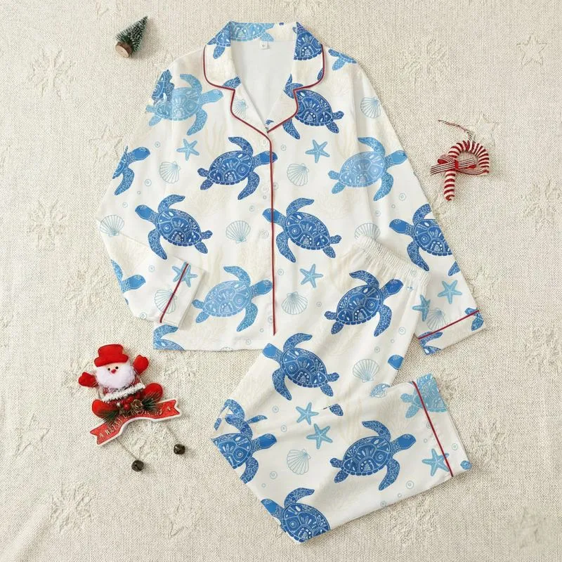 Women's Whimsical Cerulean Blue Sea Turtle Starfish & Coral Cream Ocean Pattern Satin Pajamas Set - 1
