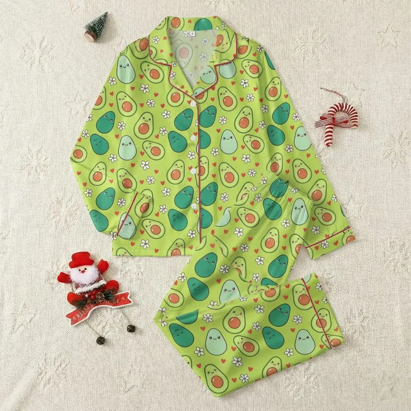 Women's Whimsical Lime Green Cartoon Avocado Red Heart White Five-Petal Flower Pattern Satin Pajamas Set - 1