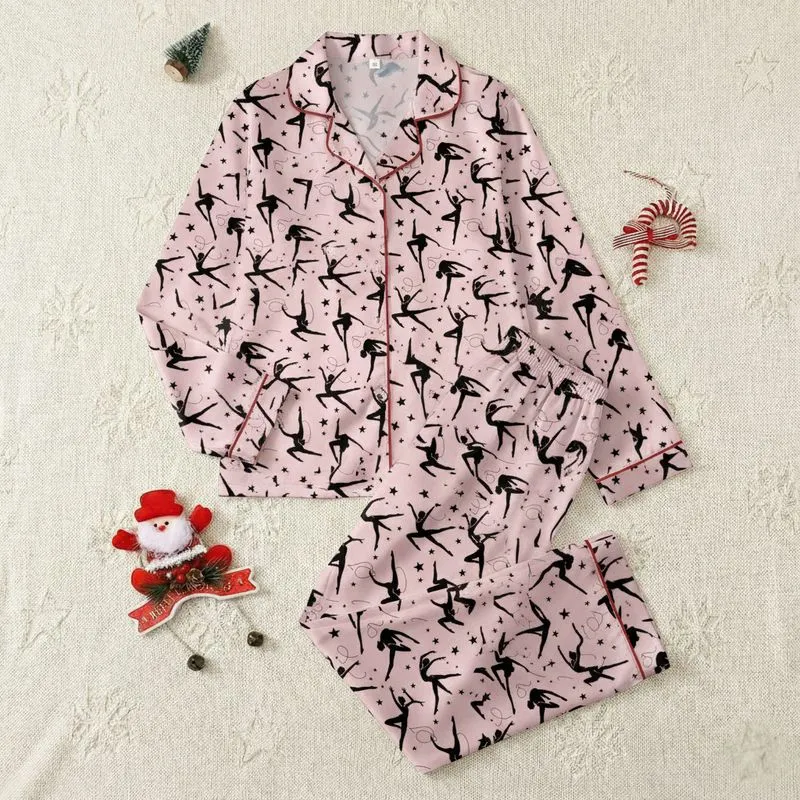 Athletic Women's Soft Pastel Pink Black Elegant Gymnastics Dance Silhouettes Dynamic Movement Pattern Satin Pajamas Set - 1