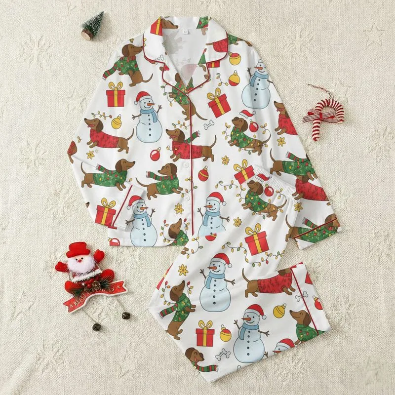 Festive Family's Whimsical Dachshund Snowmen Red Green Yellow Gift Box Candy Cane Pattern Satin Pajamas Set - 1