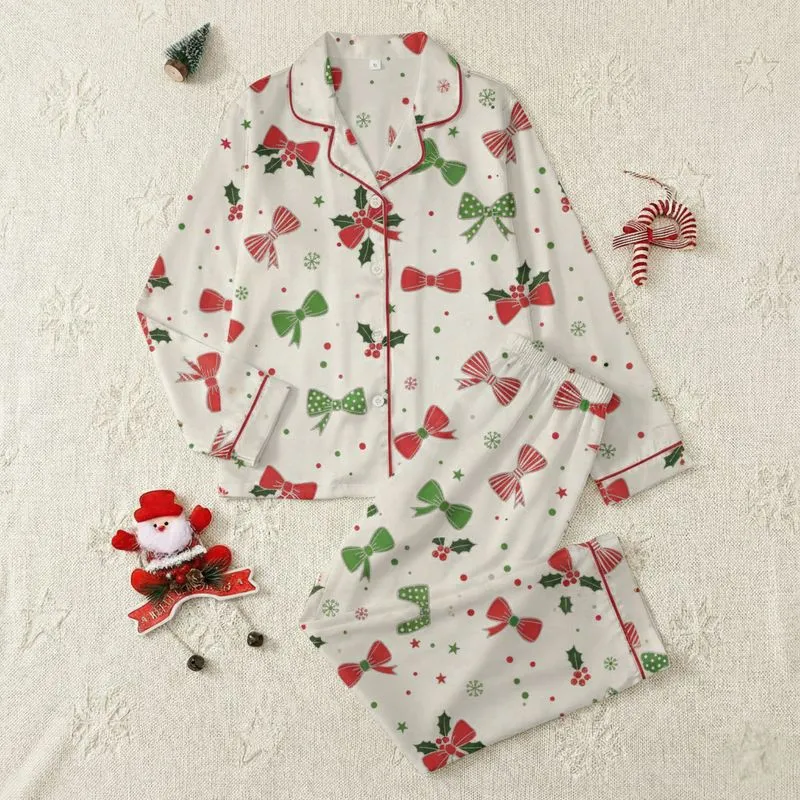 Women's Cheerful Illustrative Festive Bows & Holly Scatter Pattern in Scarlet, Emerald, Off-White Satin Pajamas Set - 1