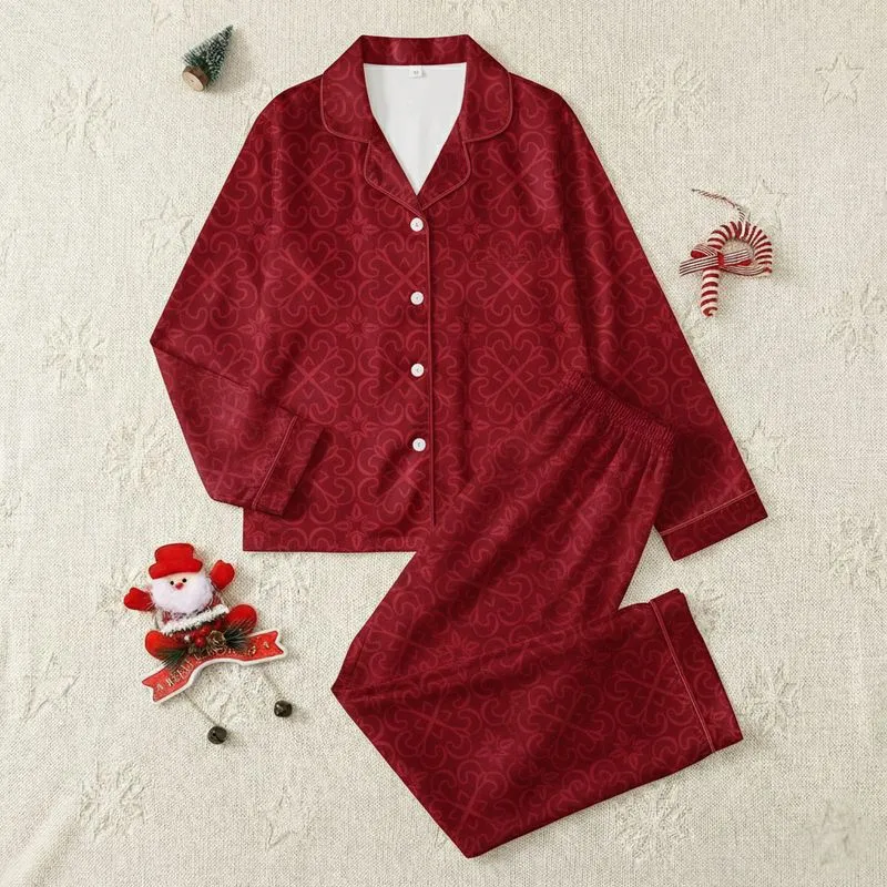 Women's Crimson Red Tonal Abstract Hearts & Organic Quatrefoil Seamless Pattern Satin Pajamas Set - 1
