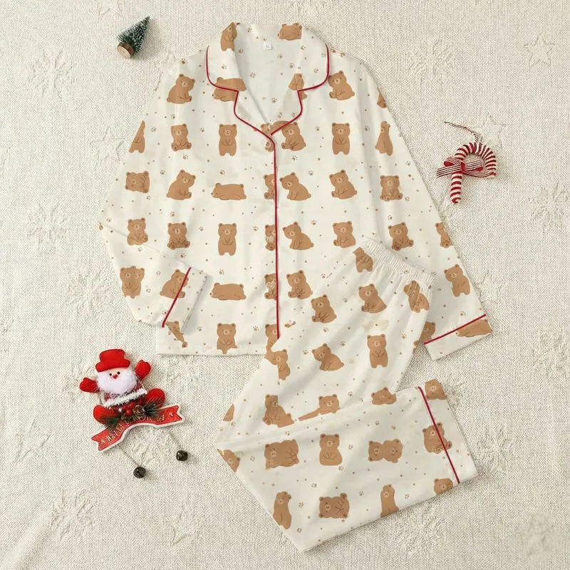 Women's Pale Cream Warm Brown Minimalist Cute Bear Pattern with Subtle Paw Prints Satin Pajamas Set - 1