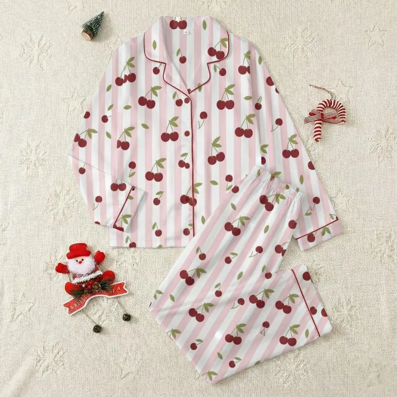 Women's Whimsical Light Pink White Striped Dark Red Cherry Cluster Olive Leaf Graphic Satin Pajamas Set - 1