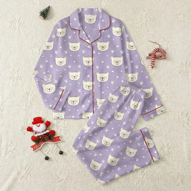 Cozy Aesthetic Fans Gentle Lavender Cable Knit Sleepy Bear Faces & Stars Pattern Satin Pajamas Set - 1