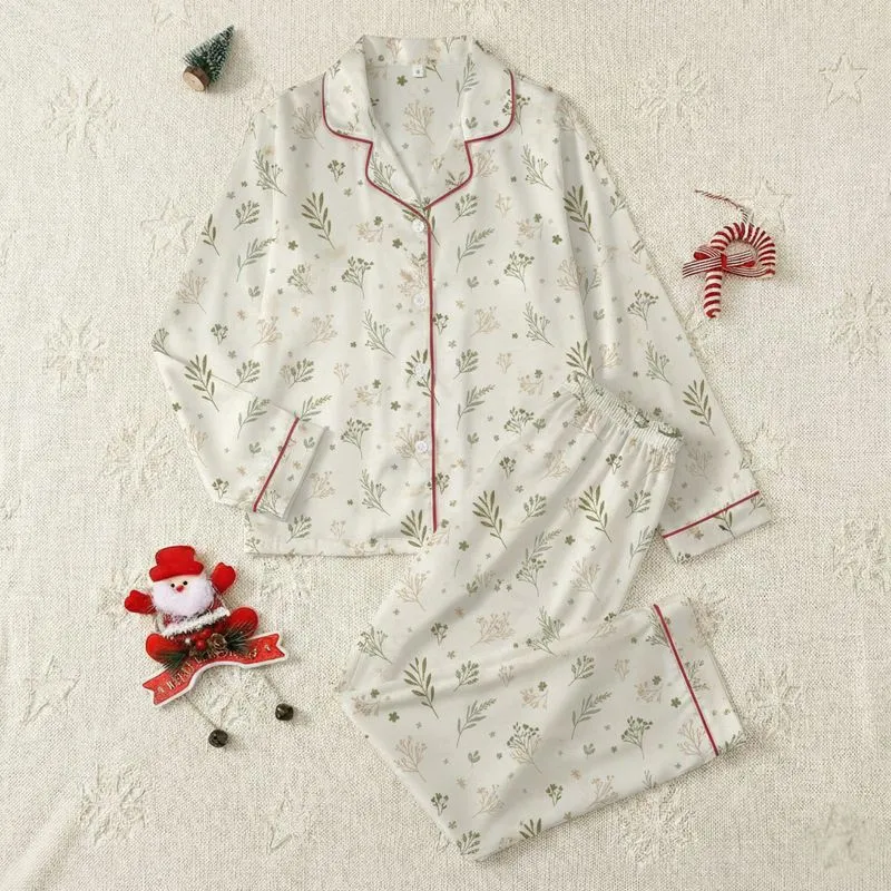 Women's Airy Hand-Drawn Botanical Leaf & Wildflower Print in Muted Olive Sage Tan on Cream Satin Pajamas Set - 1