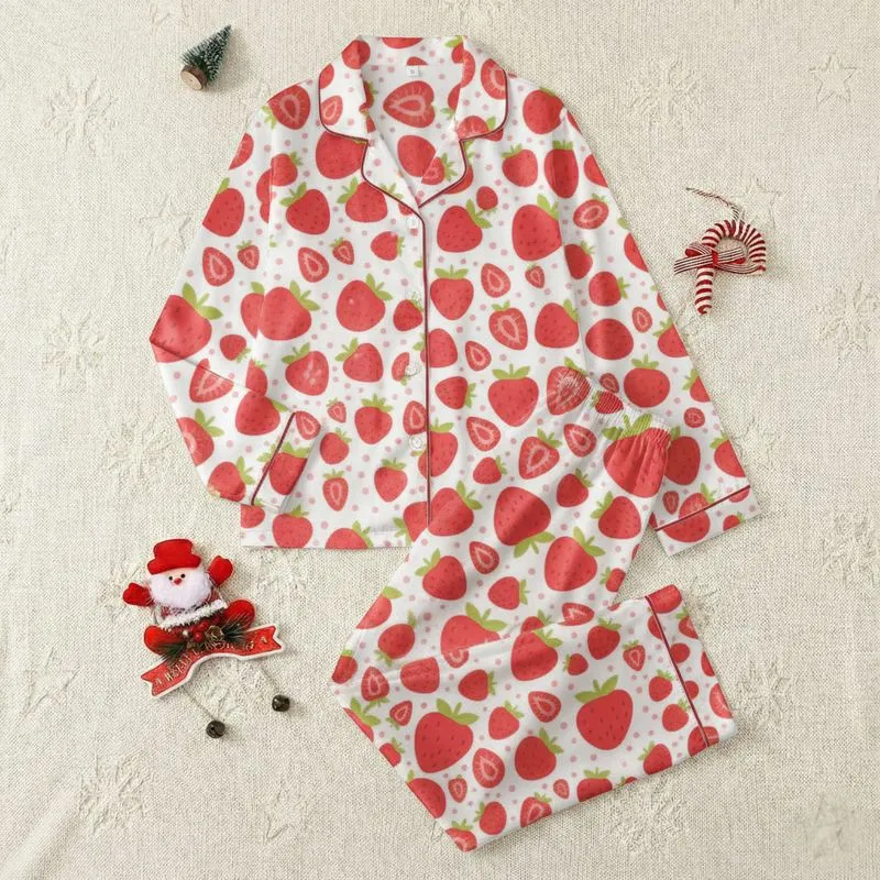 Women's Whimsical White Red Green Strawberry & Sliced Berry Pattern Pink Polka Dots Satin Pajamas Set - 1