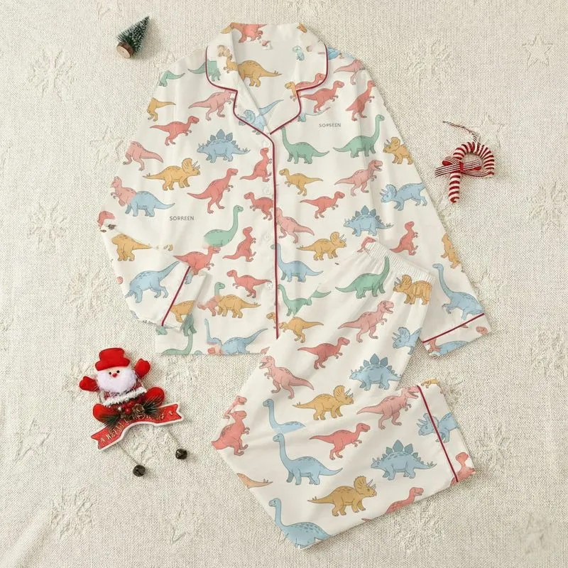 Unisex Dinosaur Lovers' Whimsical Hand-Drawn Dinosaurs in Muted Pastel Tones on Cream Satin Pajamas Set - 1