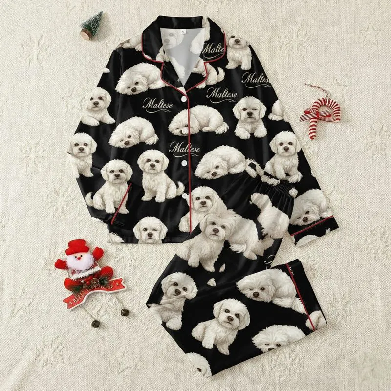 Maltese Dog Lovers' Detailed Fluffy White Maltese Black All-Over Pattern & Beige Gold Script Satin Pajamas Set - 1