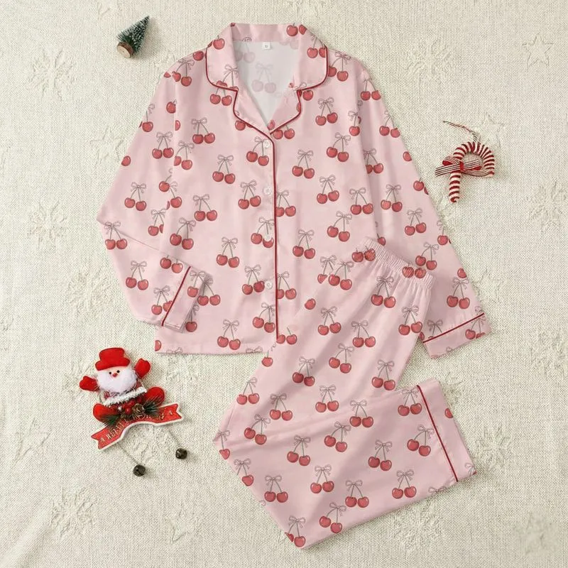 Women's Sweet Pale Blush Pink Hand-Drawn Cherry Red & Light Pink Bow Pattern Satin Pajamas Set - 1