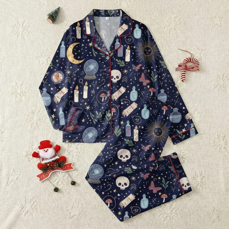 Women's Mystical Celestial Occult Pattern on Navy with Golden Moon, Crystal Ball, Witch Hat, Skull & Runes Satin Pajamas Set - 1