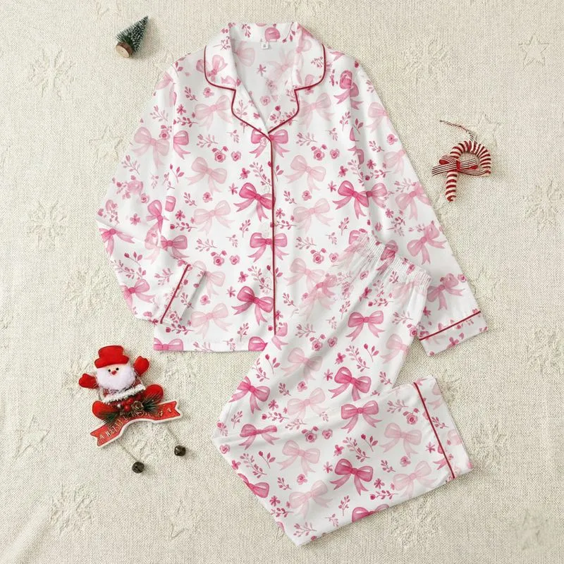 Women's Whimsical Pink Fuchsia Watercolor Bow & Rosebud Sprig All-Over Pattern on White Satin Pajamas Set - 1