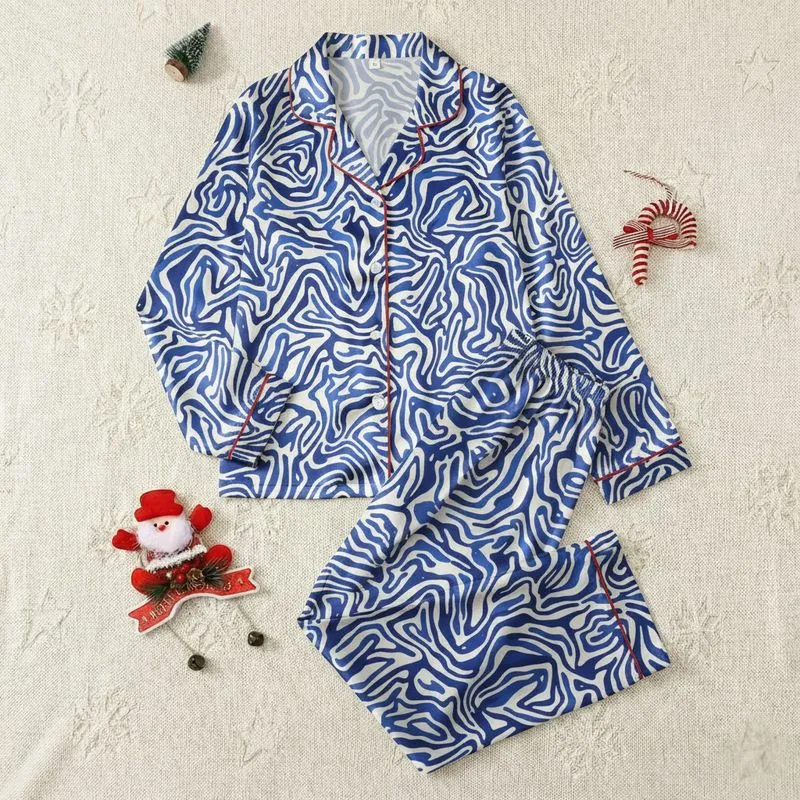 Women's Dynamic Blue Creamy Off-White Fluid Abstract Zebra Stripe Pattern Satin Pajamas Set - 1