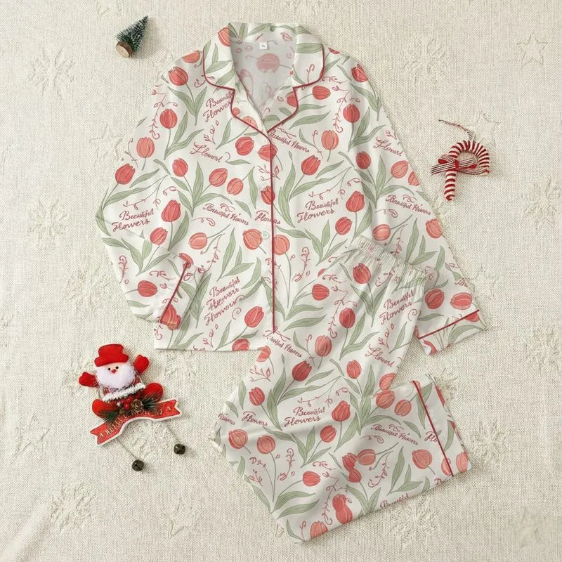 Women's Vintage-Inspired Hand-Drawn Spring Botanical Tulip Pattern Muted Red Coral Sage Green Cursive Satin Pajamas Set - 1