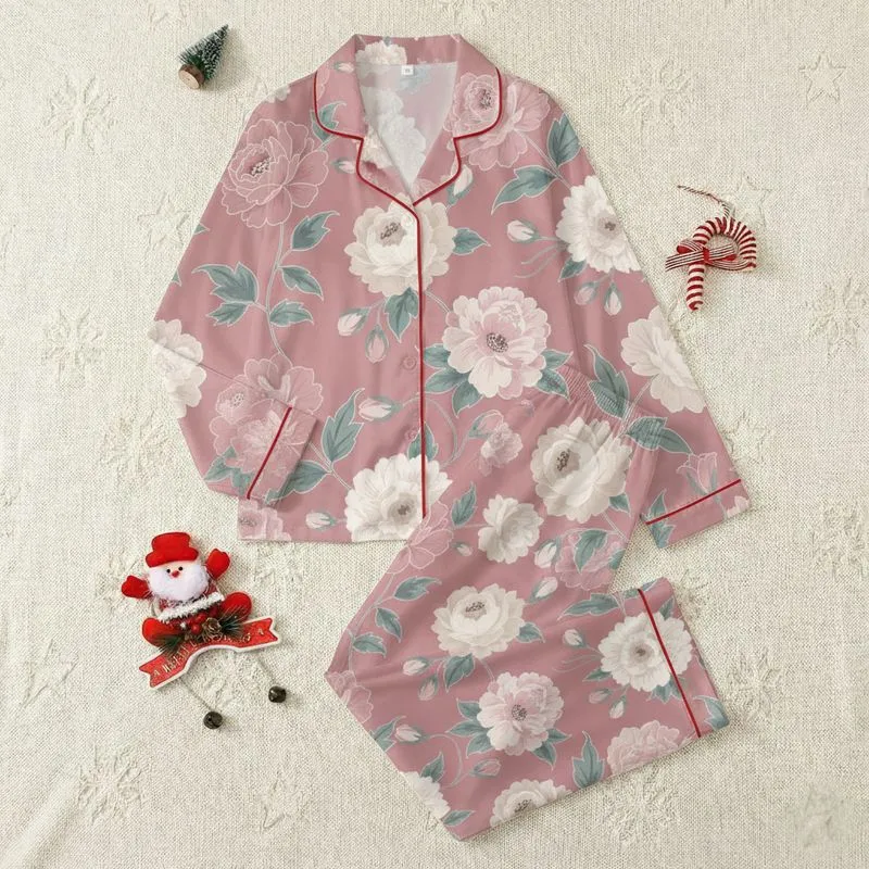 Women's Dusty Rose Botanical Bloom Cream Off-White Blush Taupe Muted Teal Sage Green Floral Pattern Satin Pajamas Set - 1