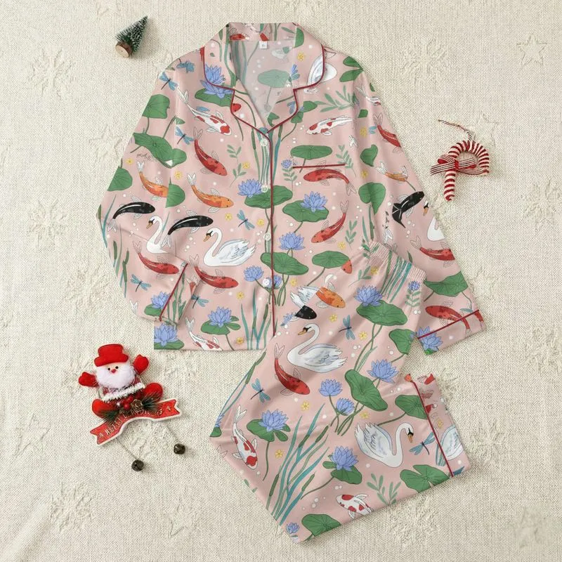 Women's Blush Pink, Green & Blue Koi Fish, Swan, Water Lily & Dragonfly Aquatic Garden Illustrative Pattern Satin Pajamas Set - 1